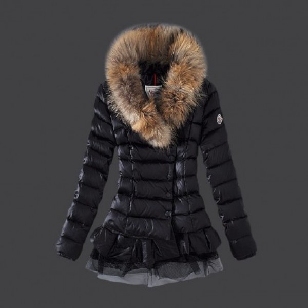 Moncler lungo Giù cappotto Bordo del pannello esterno Nero Presa M1088